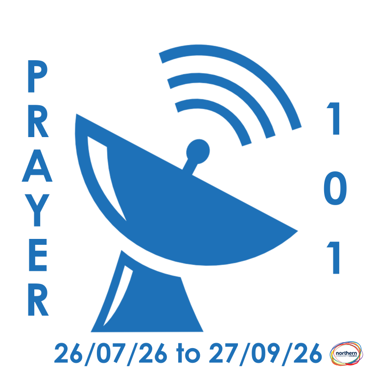 An icon of a sattalite dish sending signals into space with the casption 'Prayer 101 26/7/2026 to 27/9/2026